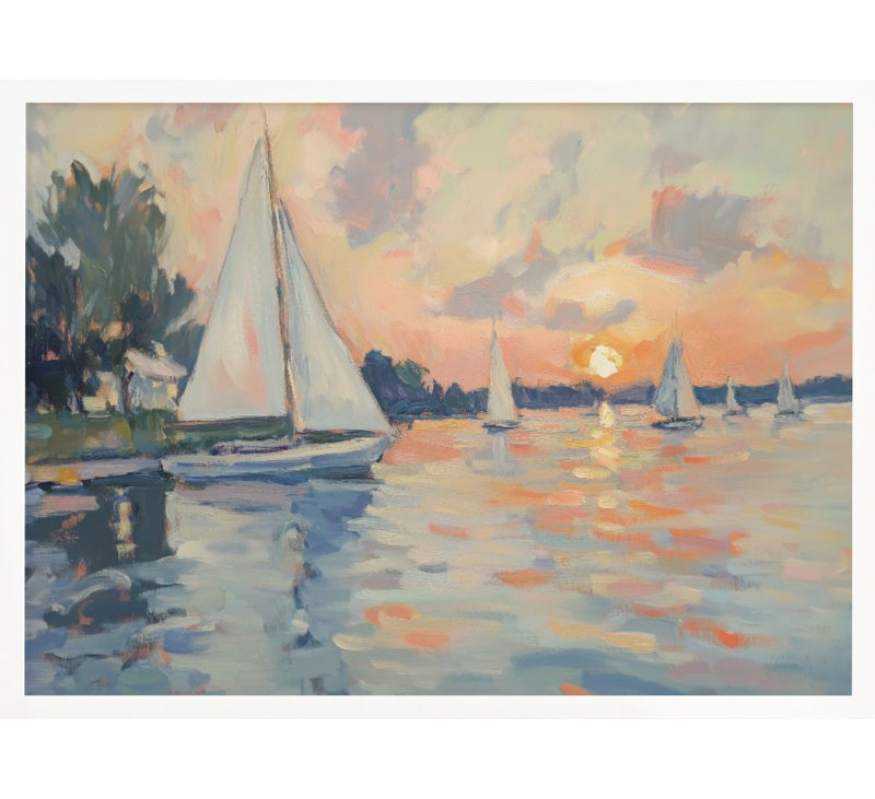 Art mural texturé encadré "Voiliers de mer", Cadre blanc, H 18 po x l 24 po