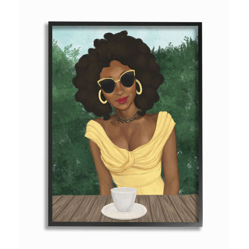«Fashion Designer Model Coffee Break Yellow Green», impression, H 14 po x l 11 po, Giclée encadrée noir minuit