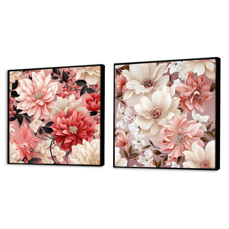 Coquelicots roses et blancs «Blossoming Grace» - ensemble de 2 collages floraux carrés, Cadre flottant noir