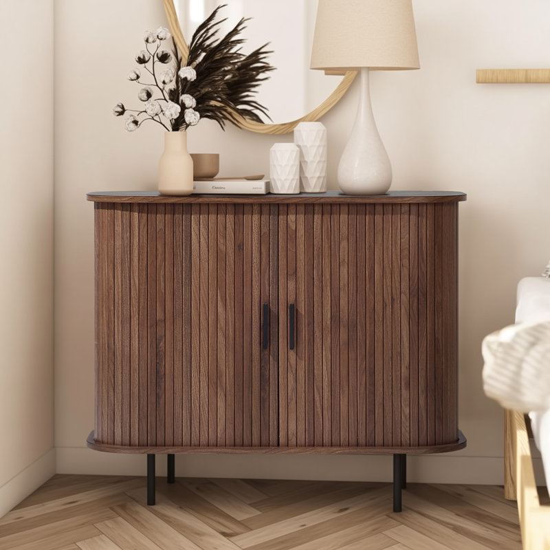 35.4" W Accent Cabinet with Sliding Tambour Doors, Walnut, Walnut