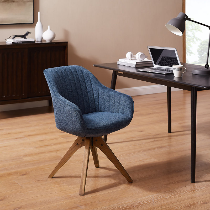 23" Yellow And Natural Fabric And Wood Swivel Arm Chair, Blue