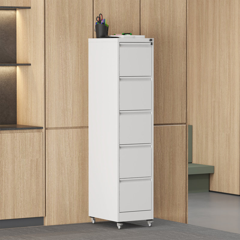 Classeur vertical en métal robuste à 5 tiroirs avec serrure et roulettes, blanc, pour le bureau à domicile | Idée de cadeau