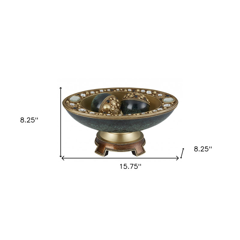 Handcrafted Green and Gold Resin Decorative Bowl with Stand