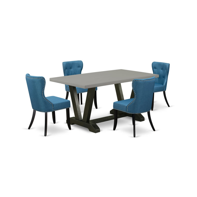 L'ensemble de salle à manger 5 pièces comprend une table de salle à manger en ciment et 4 chaises rembourrées en tissu de lin avec dossier capitonné - Finition noire brossée