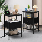 Nightstand With Charging Station And USB Ports, Night Stand With Fabric Drawer, 3-Tier Storage End Table For Small Spaces