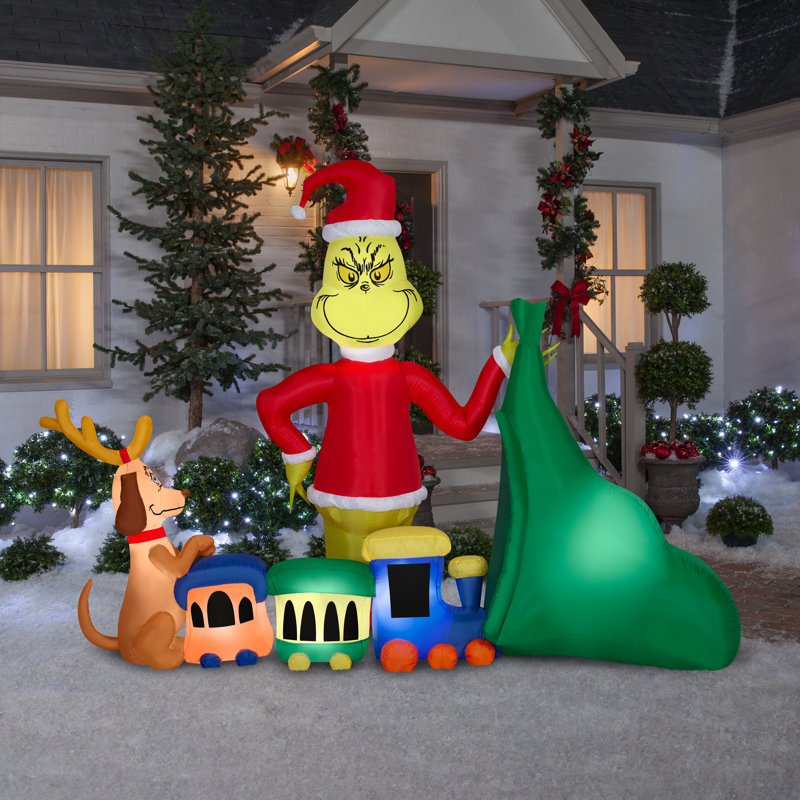 Airblown-Grinch mettant un train dans le sac du Père Noël-LG Scene-Dr. Seuss