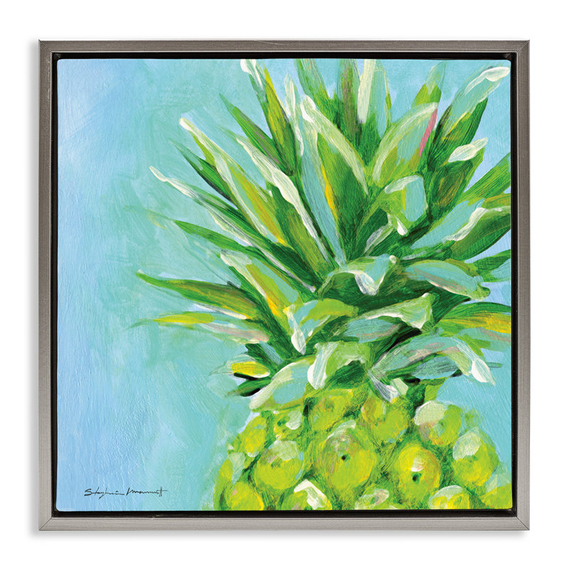 Ananas tropical sur fond bleu, Cadre flottant gris lustré, H 25 po x l 25 po