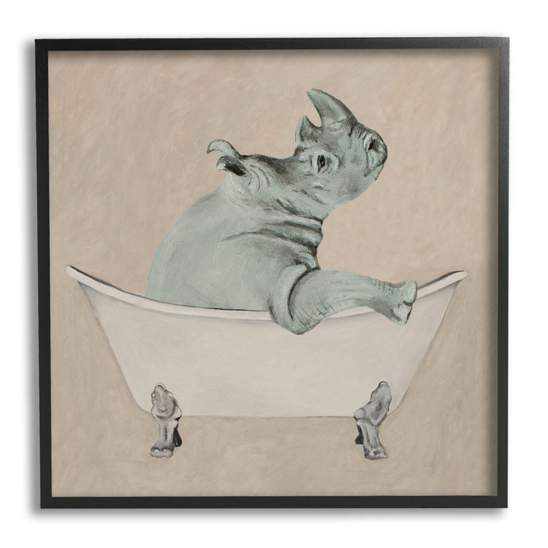Peinture sur bois de rhinocéros beige sur bois par Coco De Paris, peinture, H 24 po x l 24 po, Giclée encadrée noir minuit