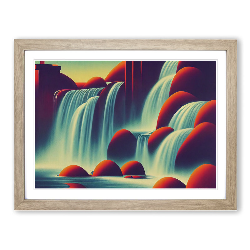 Art Deco River Waterfall Vol.3 - Single Picture Frame Print, 46cm H x 64cm W x 2cm D, Oak Framed