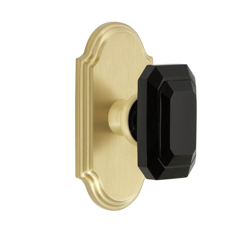 Grandeur Concealed Screw Mechanism Geometric Knob with Arch Rosette, Satin Brass, 2.375"