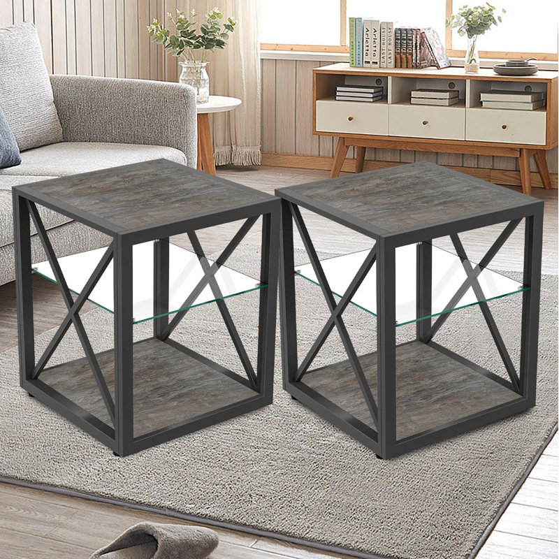 Ensemble de 2 tables d'appoint de style Mid-Century à trois niveaux avec tablette centrale en verre trempé et tablettes en grain de bois, structure en métal noir