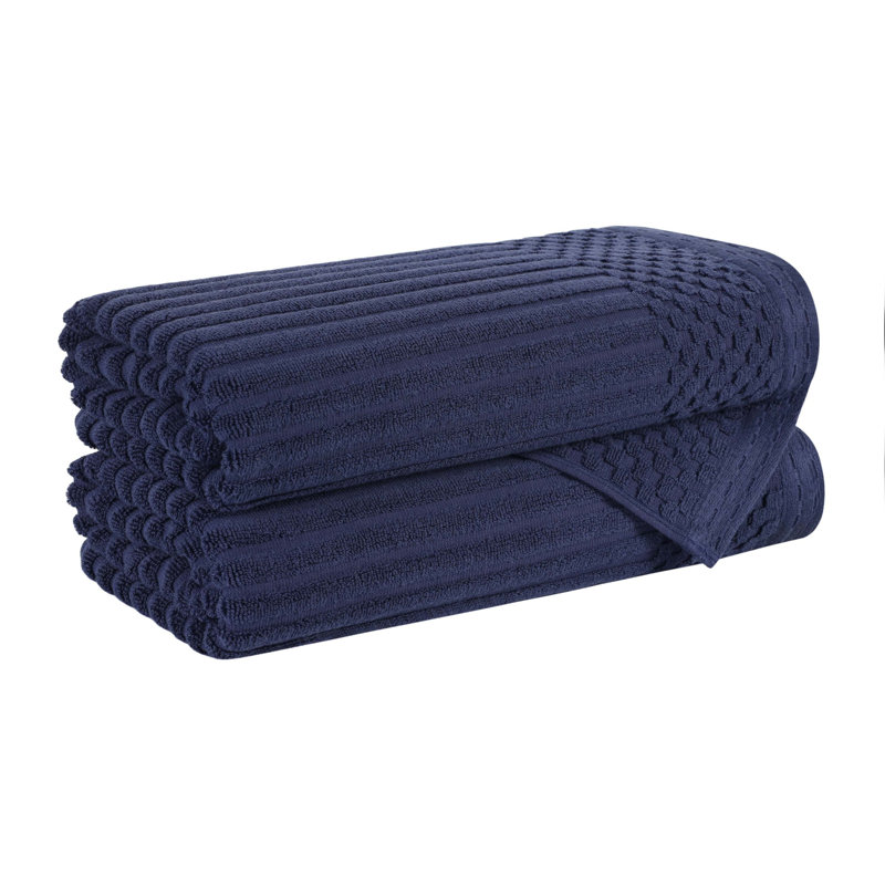 Ensemble de serviettes de bain en coton uni et à carreaux très absorbant Ruvins, Bleu marine