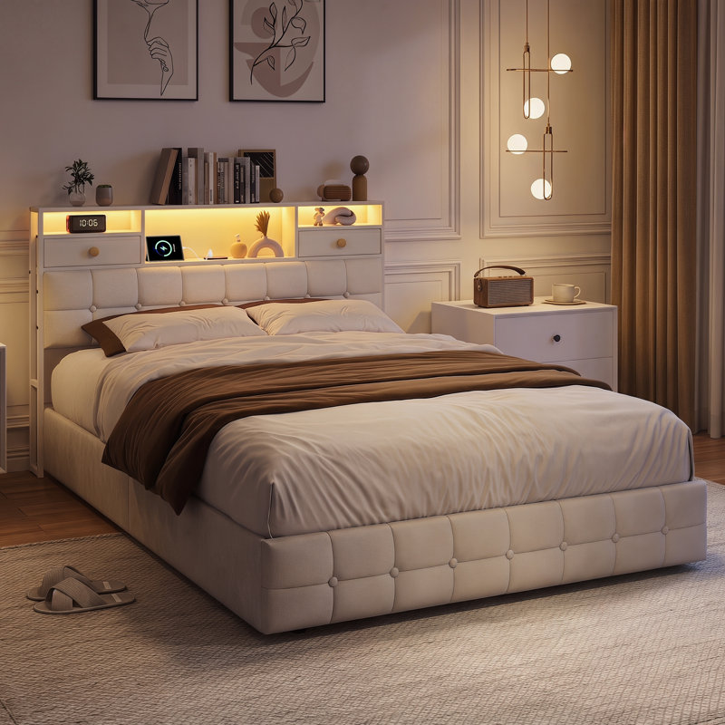 Ottoman Storage Bed, Beige, European Double (140 x 200 cm)
