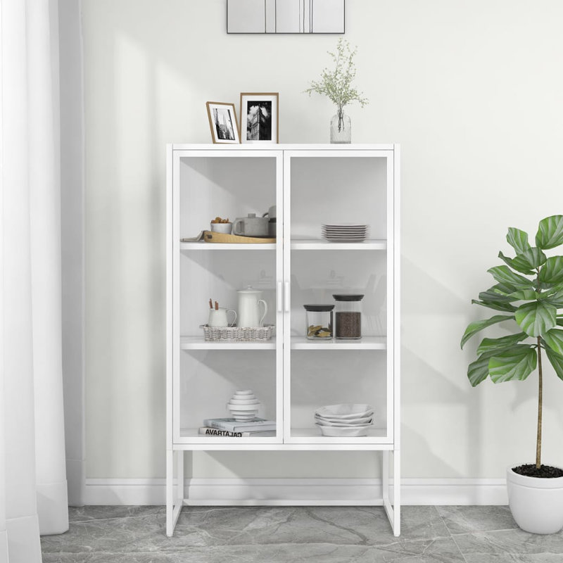 Haja Storage Cabinet for Entryway Hallway Office Steel and Tempered Glass, White