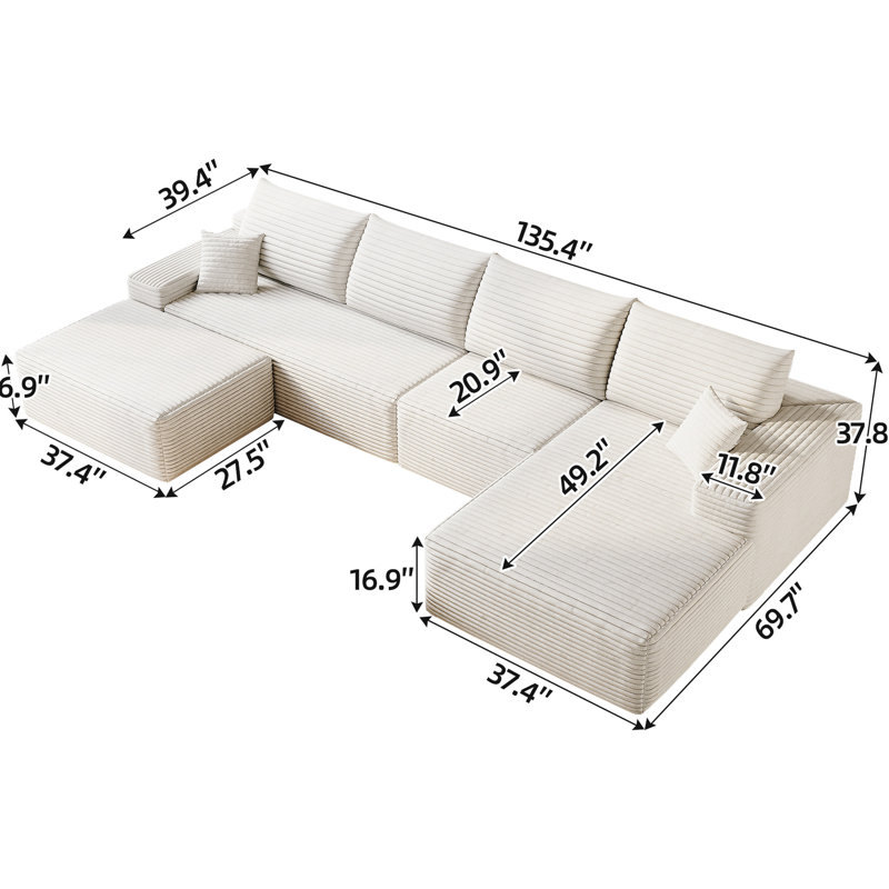 Canapé modulaire en U confortable en velours côtelé blanc de 135 po avec assise harmonieuse pour le salon, aucun assemblage requis