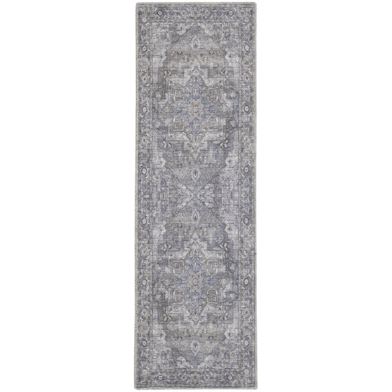 Lyiah Oriental Machine Washable Polyester Area Rug in Gray, Runner 2'2" x 8'
