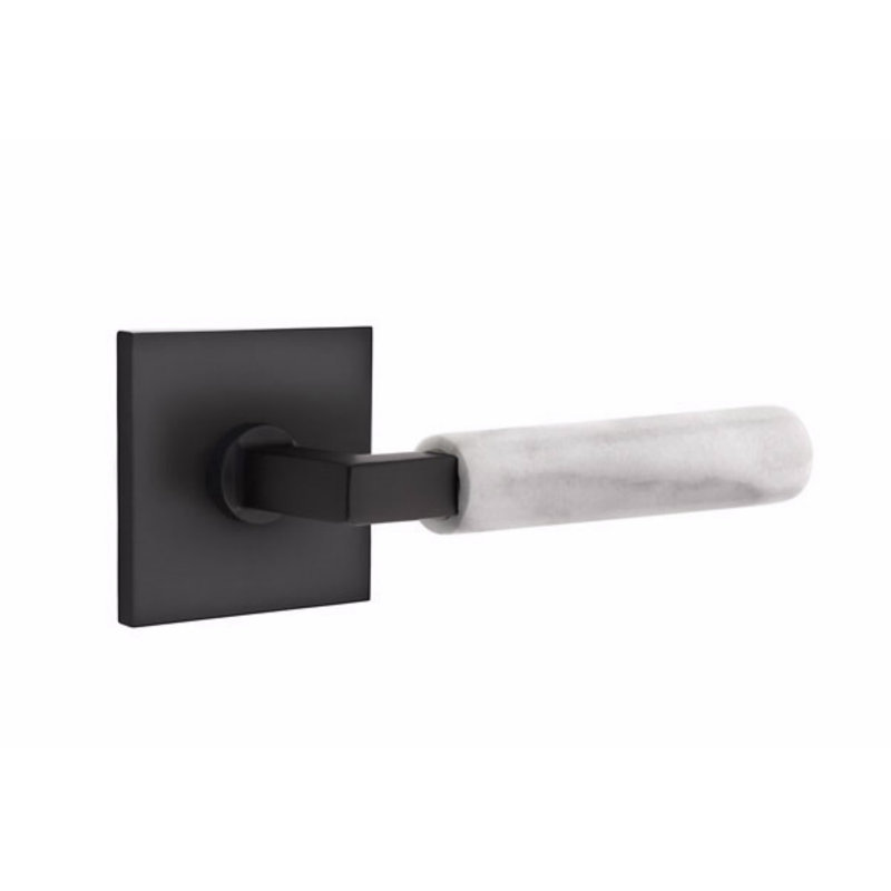 Emtek Select Privacy Leverset, Square Rosette, L-Square Stem, Light Terrazzo Handle, LH, Left, Flat Black/White Marble