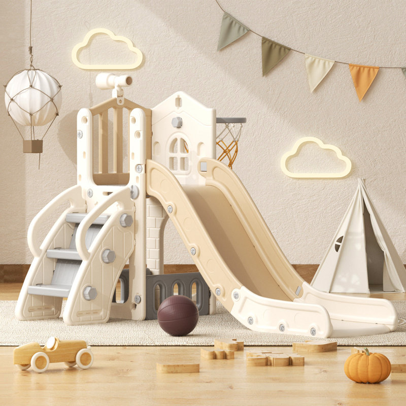 6 In 1 Toddler Slide Playset, Indoor Outdoor Climbing Toy with Basketball Hoop, Beige/Brown