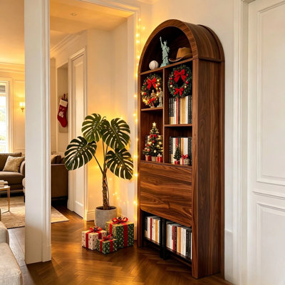 Arched Bookcase That Turns Into a Desk, 70.8" Tall Convertible Shelf Unit with Fold-Down Workstation, Walnut Brown Space-Saving Display Cabinet