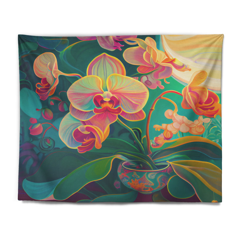 Orchidée en fleurs aux couleurs vives rétro III - Tapisserie murale orchidée florale, H 32 po x l 39 po