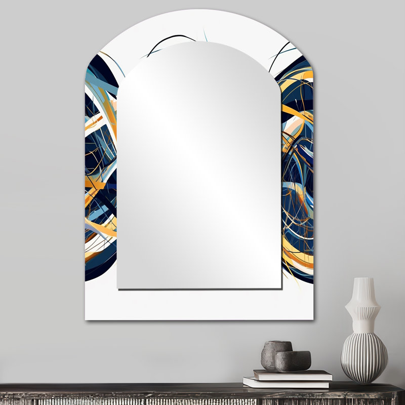 Helix Expression Abstract Yellow And Blue - Waves Asymmetrical Unique Wall Mirror Decor, Blue Arch Large Mirror, Printed Metal Art