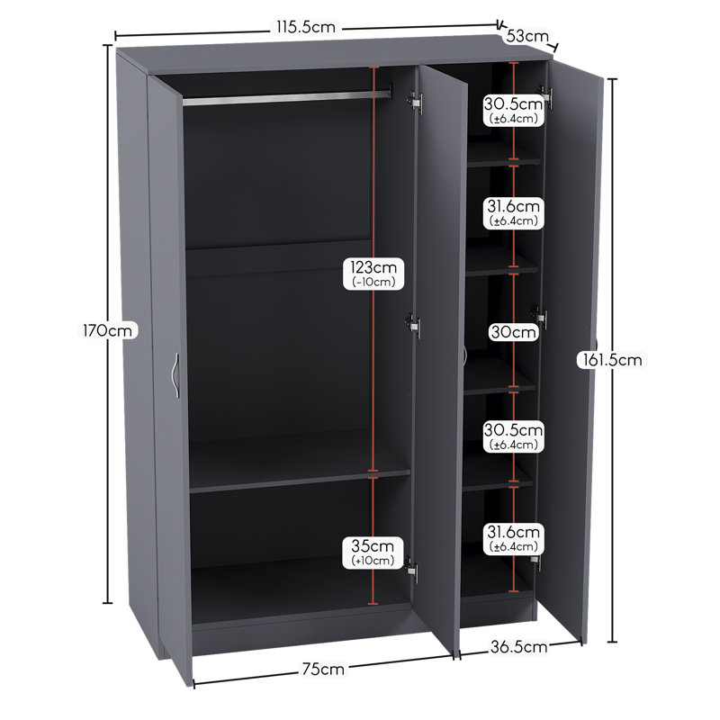 Maybery 3 Piece Bedroom Set (1 Drawer Bedside Chest, 4 Drawer Chest, 3 Door Wardrobe), (5), Grey