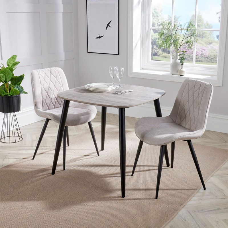 Aspen 3-Piece Casual Dining Set - Square Dining Table & Two Upholstered Diamond Fabric Chairs, Light Grey, Grey Oak