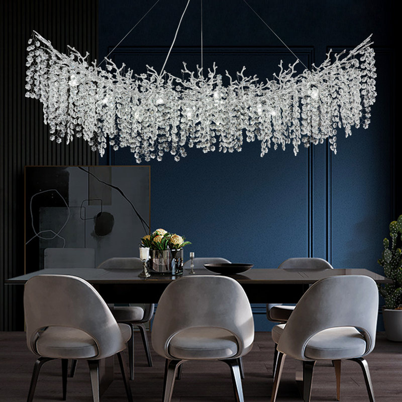 Tree Branch Snow Crystal Chandelier Lighting 63"L, Silver/White