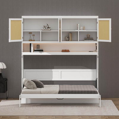 Lit escamotable simple avec armoire de rangement, bureau et lumière, lit escamotable escamotable mural en bois avec tablettes