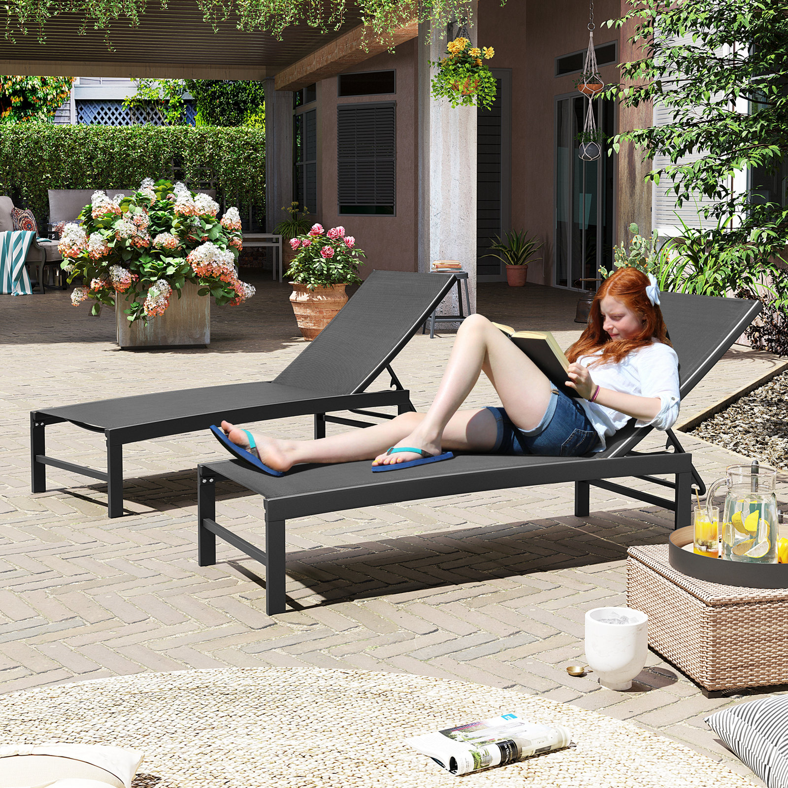 Marilea Outdoor Aluminium Reclining Chaise Lounge, The Black Mesh/Black Frame