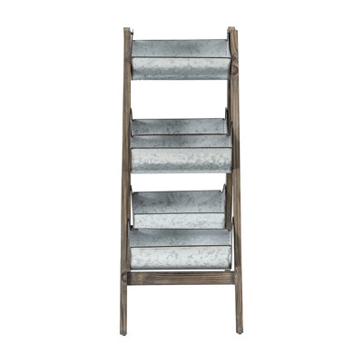 Jardinière pliable 14,2 po x 7,5 po 70,9 po - Espace vertical pour les délices floraux, cinq seaux galvanisés sur structure en bois, teinte brun argenté, attrait rustique, application extérieure et style de jardin