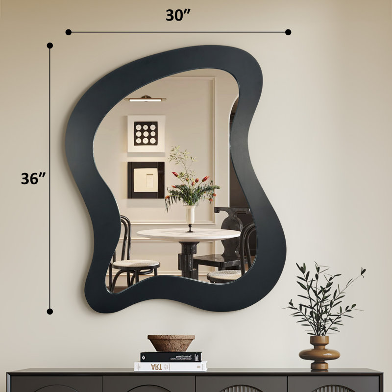 Irregular Wood Framed Wall Mirror Asymmetrical Decorative Wall Mirror, 30" x 36", Black