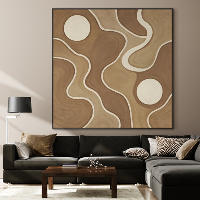 Très grande reproduction d'art sur toile - formes géométriques abstraites de style rétro Mid-Century brun et crème pour décors intérieurs contemporains