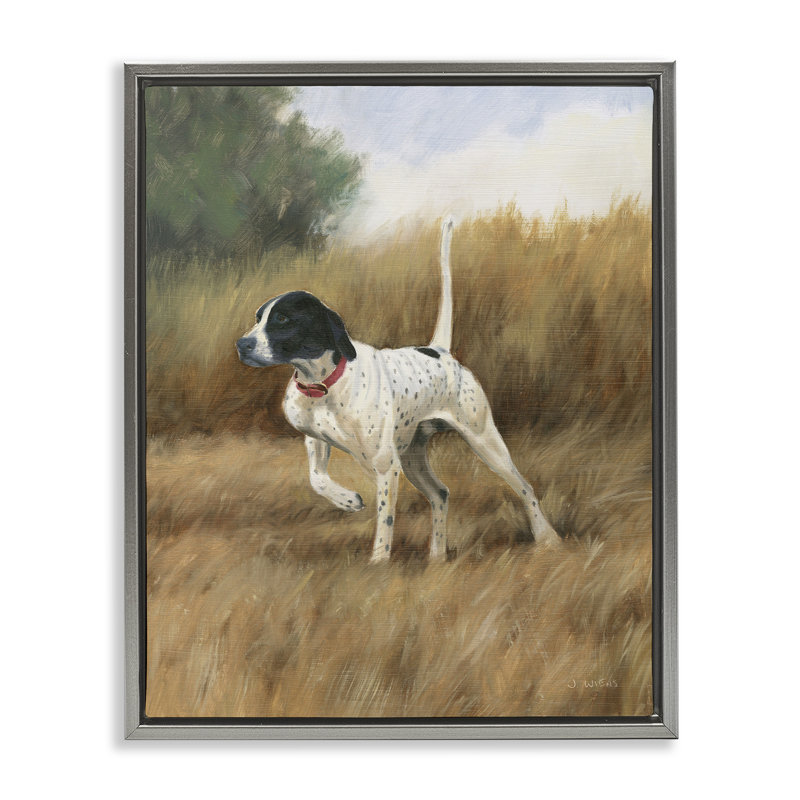 Chien pointeur dans un champ, H 17 po x l 21 po, Cadre flottant gris lustré