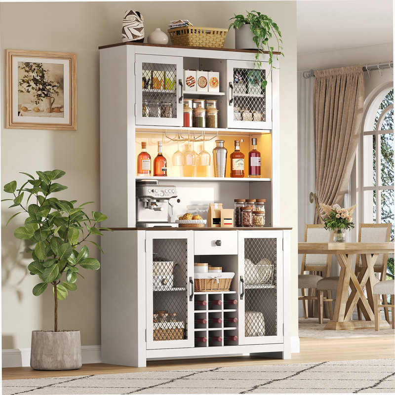 Armoire décorative avec DEL, armoire de rangement pour garde-manger avec portes et tablettes, Blanc