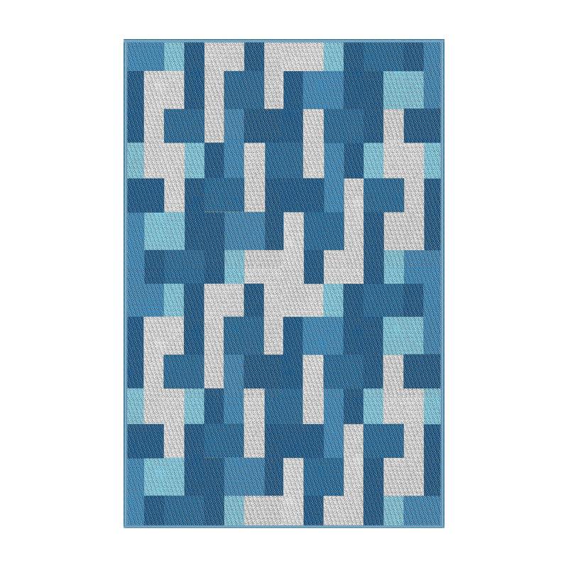 Tapis bleu/bleu/blanc à motifs, Rectangle 5 pi x 7 pi