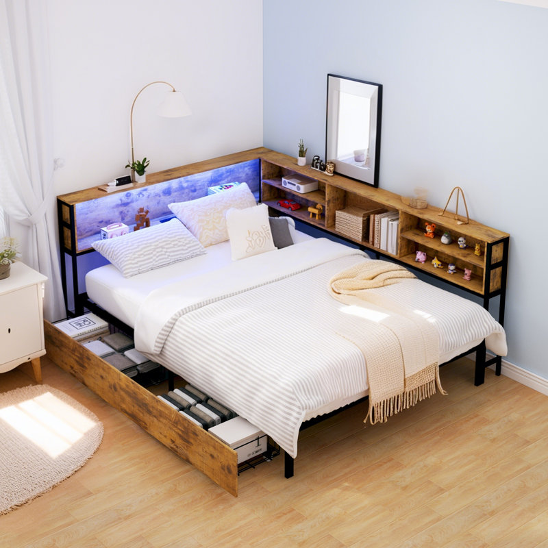 Full Corner Bed Frame With 2 Underneath Drawers And Storage Bookcase,Daybed With Charging Station And LED Light, Full, Brown