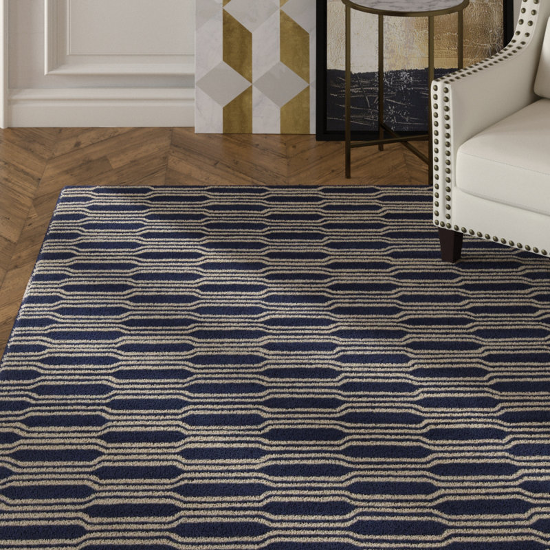 Tapis bleu marine et crème en laine touffeté à la main Preston Authentic, Rectangulaire 7 pi x 10 pi