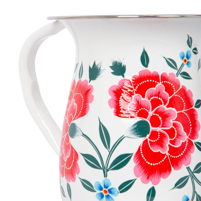 East Urban Home Hand-Painted Picnic Water Jug with 300ml Cups - 1.7L - Cotton Peony, White