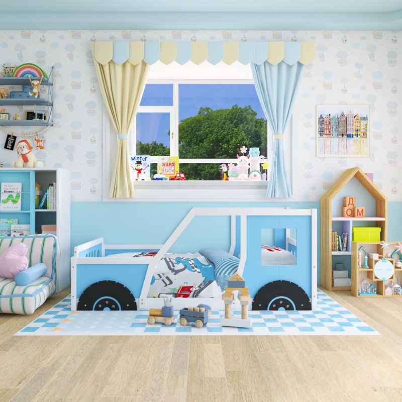 Lit plateforme en forme de voiture unique Child Child, adapté aux garçons, Lit simple, Bleu