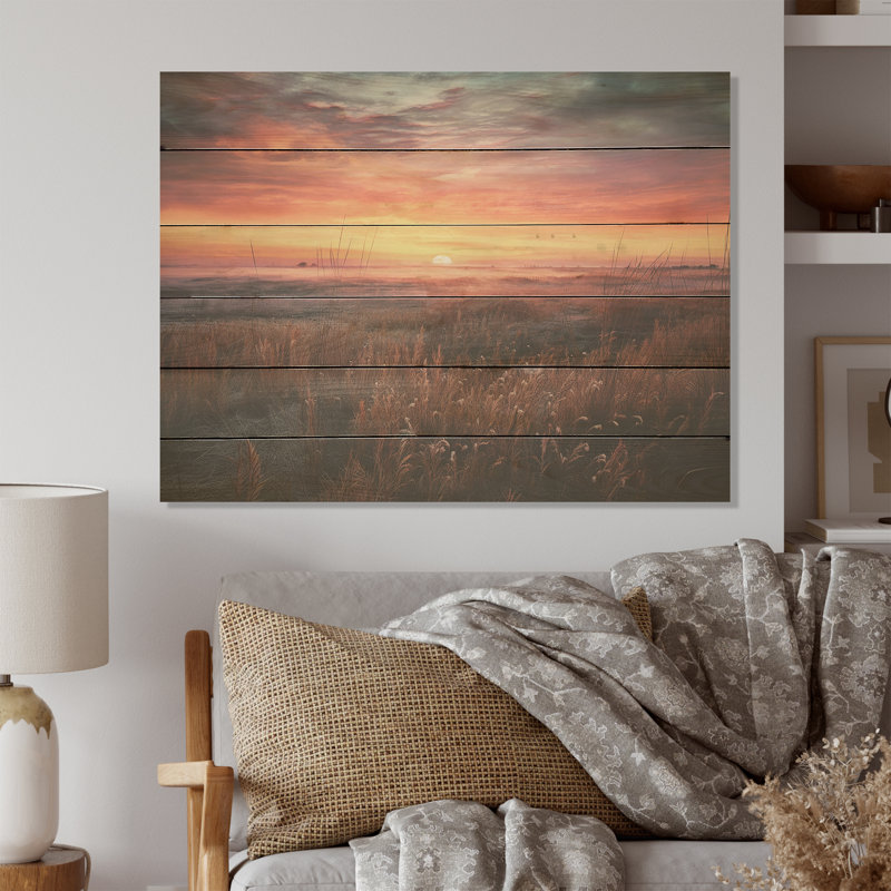 Tranquil Prairies At Sunrise I - Prairies Wood Art On Natural Pine Wood, 10" H x 20" W