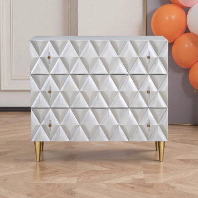 Anson Metallic Silver & Champagne Finish 3 - Drawer Console Cabinet with 3D Diamond - Patterned Facade