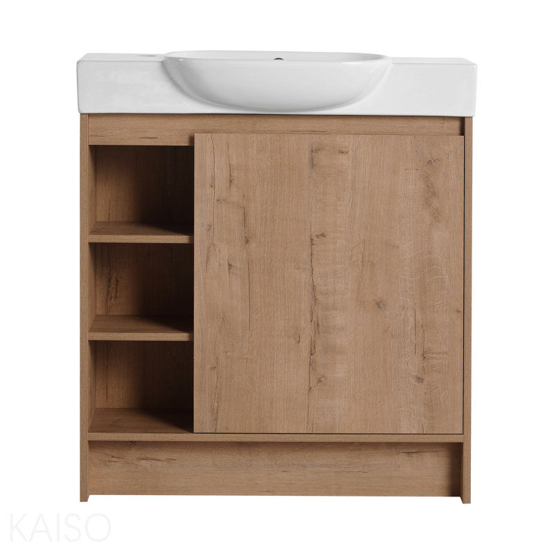 Meuble-lavabo autoportant de 30 po avec lavabo en céramique blanche et porte à fermeture en douceur, contreplaqué, emballage KD
