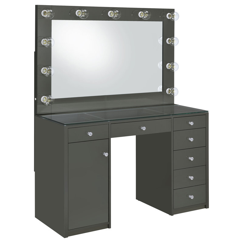 Acena 7-Drawer Vanity Set With Lighting Black High Gloss, Gray