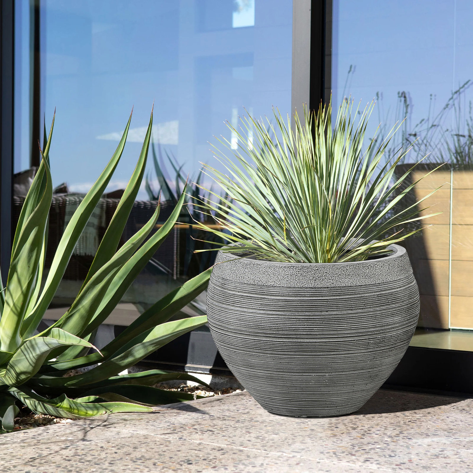 Round Ribbed Magnesium Oxide Pot Planter with Drainage Hole , Gray, 9" H x 11.75" W x 11.75" D