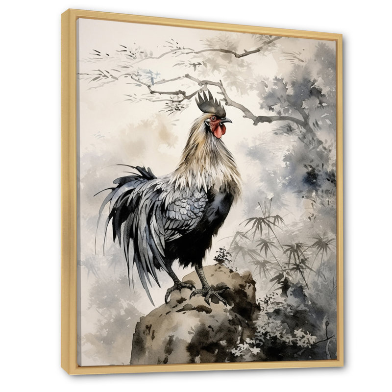 Aymie Asian Art Rooster Sumi I sur impression sur toile, H 40 po x l 30 po x P 1,5 po, Cadre naturel flottant