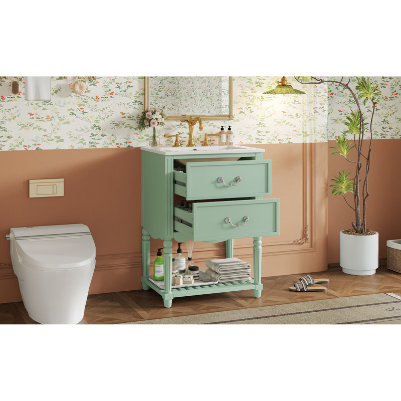 Meuble-lavabo rétro avec lavabo en céramique, armoire en bois massif pour salle de bain élégante