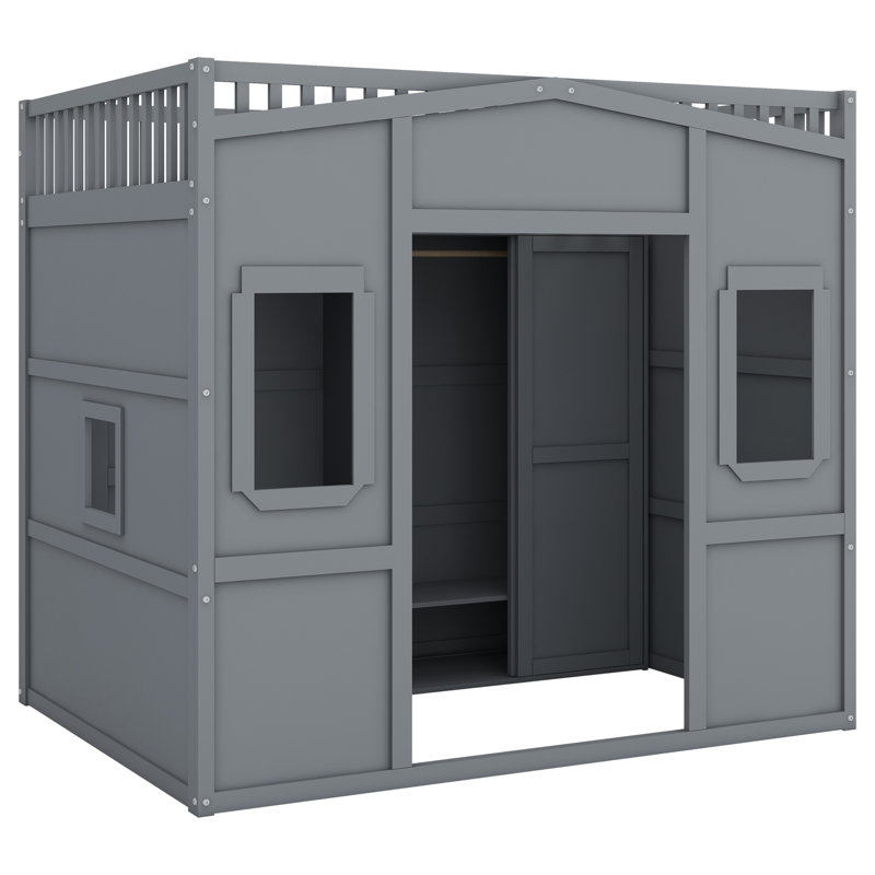 Lit mezzanine avec échelle et garde-robe, Gris, Double