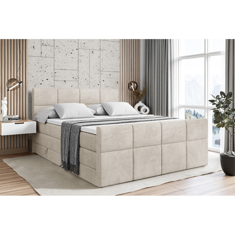 Bed with Mattress, 160cm W x 200cm L, Cream