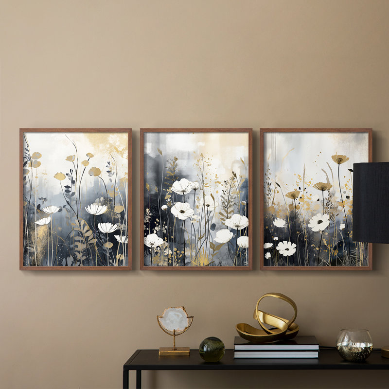 Étude florale série Cxxxxi - ensemble de 3 estampes giclées encadrées - prêt à, Cadre noyer, H 20 po x l 16 po